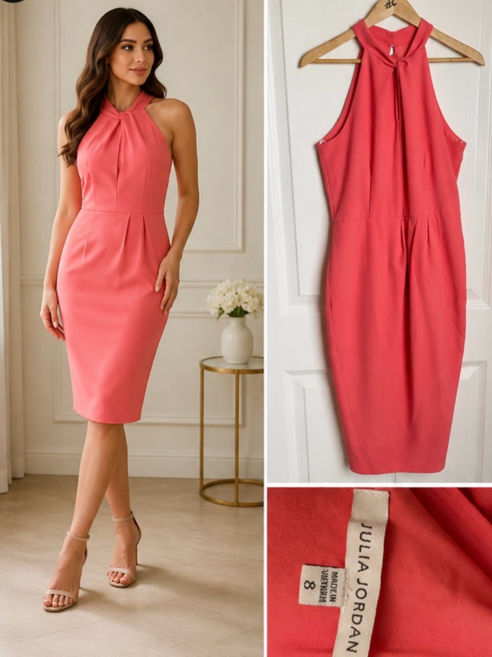 Julia Jordan Coral Halter Midi Dress Size 8 Elegant Bodycon